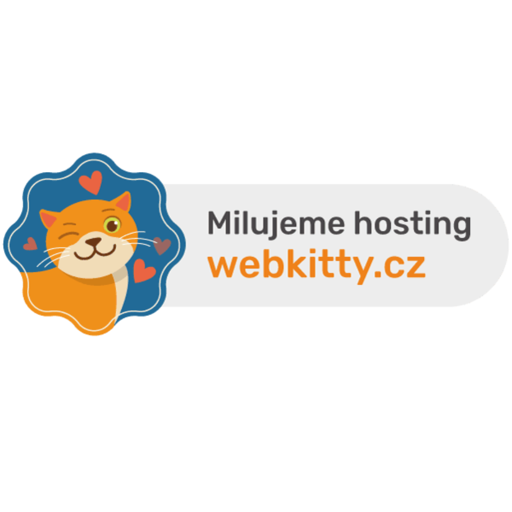 Logo s oranžovou kočkou obklopenou srdíčky a textem „Milujeme hosting webkitty.cz“.